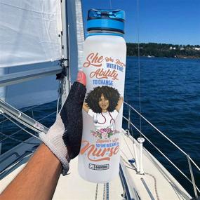 img 3 attached to 64HYDRO 32oz 1Liter Motivational Water Bottle with Time Marker, Afro Black Women Nurse Inspiring Life Changes MDW1108001 Water Bottle