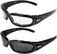 🕶️ pack of 2 women's motorcycle padded sunglasses – clear & smoked rhinestone shades with vented eva foam padding and uv400 filters for optimum uv protection logo
