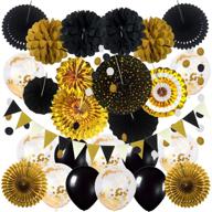 🎉 black and gold party decorations kit - zerodeco - confetti balloons, folding fans, paper pompoms, bunting flags, garlands - ideal for graduation, wedding, birthday parties - photo backdrop party decorations logo