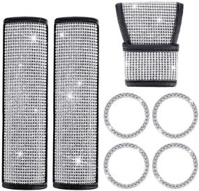 img 4 attached to 💎 7-Piece Bling Crystal Diamond Car Accessories Set for Women and Girls - Including Car Gear Shift Cover, Car Seat Belt Covers, Car Sticker Ring Emblem