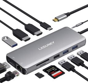 img 4 attached to Ласуни 12 в 1 USB C док-станция с 2 HDMI и DP, PD3.0, Ethernet, SD TF карт-ридер, 4 портами USB, Микрофон/Аудио, адаптер-хаб Type C - совместима с MacBook Air, MacBook Pro и др.