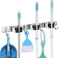 stainless steel broom mop holder wall mount - heavy duty organizer for home, kitchen, garage, garden, bathroom (3 racks 4 hooks) logo