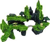 aquarium mountain view decoration - resin bridge pavilion rock cave ornament with moss for small fish and shrimp, perfect fish tank hideout логотип