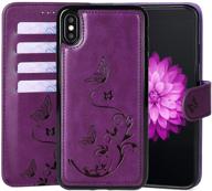 waterfox iphone xr wallet leather case: vintage embossed pattern, 2-in-1 detachable cover, 4 card slots, wrist strap - purple logo