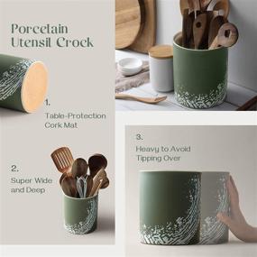 img 1 attached to 🍳 DOWAN Kitchen Utensil Holder: Large Countertop Ceramic Crock with Cork Mat - Dark Green Matte Design