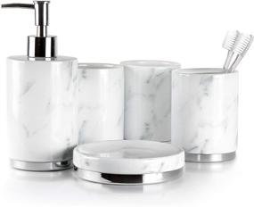 img 4 attached to Marble Collection Bathroom Accessories Set - 5 Piece Ceramic Bath Set Including Toothbrush Holder, Soap Dispenser, Soap Dish, and 2 Tumblers by Willow&amp;Ivory™