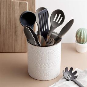 img 1 attached to 🍽️ LIFVER Kitchen Utensil Holder: White Farmhouse Décor & Extra Large Countertop Storage for Christmas - Ceramic Crock with Cork Mat