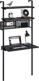 img 2 attached to 💻 Rolanstar Wall Mounted Computer Desk with Storage Shelves, Industrial Ladder Style Floating Writing Desk, 3 Tiers Leaning Desk for Small Spaces, Home Office Organizer, Black