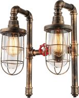 bronze industrial water pipe wall sconce with metal cage frame and clear glass shade - kwoking barn hanging lamp, 2-light wall light fixture логотип