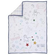 🐶 ed ellen degeneres doodle dog quilt in all-over doodle print, made with 100% cotton, ivory, royal blue, red, and yellow logo