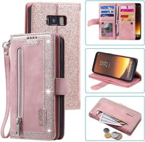 img 4 attached to UEEBAI Wallet Case for Samsung Galaxy S8 - Retro 9 Card Holder Slots, Zipper Pocket Handbag, Magnetic Closure, Kickstand & Wrist Strap - Rose Gold PU Leather Flip Case