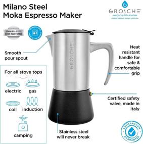 img 4 attached to ☕️ GROSCHE Milano Steel 6-стаканная мокапот из нержавеющей стали с матовой поверхностью - кубинский кофеварка итальянский эспрессо кофеварка Грека для индукционных, газовых или электрических плит.