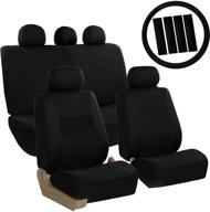 optimized fh group fb030black115-combo seat cover combo set with steering wheel cover and seat belt pad (airbag compatible & split bench black) logo