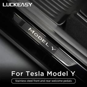 img 2 attached to 🚪 LUCKEASY Tesla Model Y 2020-2021 Stainless Steel Door Sill Protector Threshold Decoration Patch - Front Door Brushed Bright Black - Exterior Auto Accessories