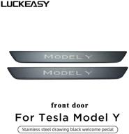 🚪 luckeasy tesla model y 2020-2021 stainless steel door sill protector threshold decoration patch - front door brushed bright black - exterior auto accessories logo