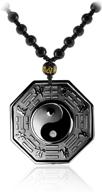 🏻 lucky hand carved black obsidian beads chain tai chi bagua pendant necklace: healing yin yang dragon phoenix amulet for men women & protection jewelry logo