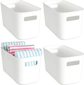 img 4 attached to 🗄️ Yopay 4 Pack Plastic Storage Bin with Handle - White Organizer for Bathroom and Kitchen: Ideal for Hand Soaps, Body Wash, Shampoos, Lotions, Conditioners, Hand Towels, Cosmetics, Snacks, and Seasonings