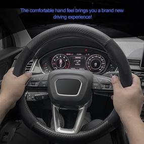 img 1 attached to Carodi Car Suede Carbon Fiber Steering Wheel Cover Car Anti-Skid Leather Car Interior Accessories Decoration 15 Inch Universal (Black) Interior Accessories