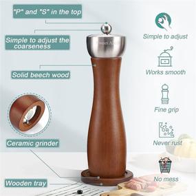 img 3 attached to Refillable Salt and Pepper Grinders Set - Beech Wood Pepper Mill with Ceramic Mechanism - Solid, Durable Salt Grinders for Sea Salt and Black Peppercorn (8'' Brown Set of 2)