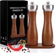 refillable salt and pepper grinders set - beech wood pepper mill with ceramic mechanism - solid, durable salt grinders for sea salt and black peppercorn (8'' brown set of 2) logo