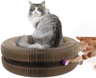 pawaboo beige cat scratcher lounge bed: collapsible, multi-functional cardboard scratching toy pad with round bell balls, catnip, and high-density corrugated round bed for cats, kittens, and kitties. logo