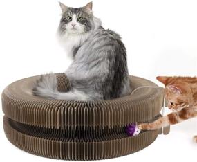 img 4 attached to Pawaboo Beige Cat Scratcher Lounge Bed: Collapsible, Multi-functional Cardboard Scratching Toy Pad with Round Bell Balls, Catnip, and High-Density Corrugated Round Bed for Cats, Kittens, and Kitties.