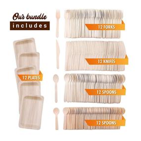 img 2 attached to 🌿 Pack of 60 Disposable Biodegradable Plates and Wooden Cutlery: Eco-Friendly, Compostable, and Biodegradable Utensils - 12 Plates, 12 Forks, 12 Knives, 12 Spoons, 12 Small Spoons