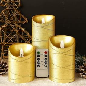 img 1 attached to Set of 3 Immeiscent Christmas Flameless Flickering Candles – Timer, Ribbon Gold Pillar Design – Real Wax Battery-Powered Candle with Remote for Xmas, Harvest, Thanksgiving, Holiday, Anniversary, Wedding