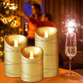 img 2 attached to Set of 3 Immeiscent Christmas Flameless Flickering Candles – Timer, Ribbon Gold Pillar Design – Real Wax Battery-Powered Candle with Remote for Xmas, Harvest, Thanksgiving, Holiday, Anniversary, Wedding