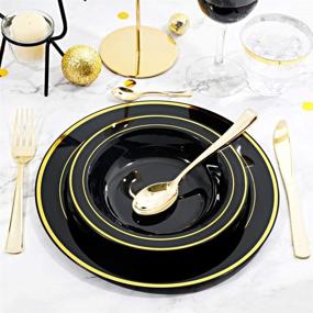img 1 attached to 🍲 Stylish and Convenient: BUCLA 60Pack Black Plastic Bowls with Gold Rim - 12oz Disposable Soup Bowls for Weddings and Parties