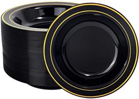 img 4 attached to 🍲 Stylish and Convenient: BUCLA 60Pack Black Plastic Bowls with Gold Rim - 12oz Disposable Soup Bowls for Weddings and Parties