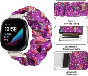 img 3 attached to 🌸 Seltureone Scrunchie Band для Fitbit Sense/Versa 3 - Милый регулируемый заменяемый браслет для женщин - фиолетовый цветочный узор