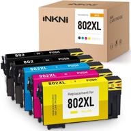 inkni remanufactured ink cartridge replacement for epson 802 802xl t802xl - wf-4730 wf-4734 wf-4740 wf-4720 ec-4020 ec-4030 ec-4040 printer ink - 5-pack (black, cyan, magenta, yellow) logo