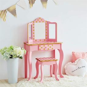 img 3 attached to Teamson Kids Fantasy Fields Gisele Polka Dot Vanity Set: Pink/Gold, Tri-Fold Mirror, Chair, and Drawer