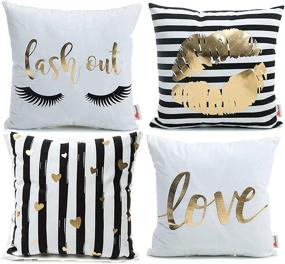 img 4 attached to Monkeysell Pack of 4 Black and Gold Throw Pillow Cover: Trendy Love Black Gold Lips Design for Rock Punk Neoclassical Style Home Décor - 18 inches (White)