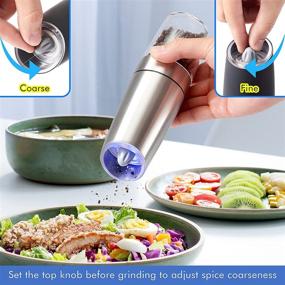 img 2 attached to 🧂 Gravity Electric Salt and Pepper Grinder Mill Set with Blue LED Light - Flip to Grind - One Hand Operation - Adjustable Coarseness - Includes Stand, Spoon, and Brush - Automatic Battery Powered