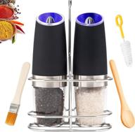 🧂 gravity electric salt and pepper grinder mill set with blue led light - flip to grind - one hand operation - adjustable coarseness - includes stand, spoon, and brush - automatic battery powered logo