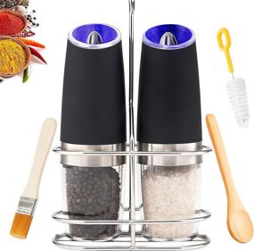 img 4 attached to 🧂 Gravity Electric Salt and Pepper Grinder Mill Set with Blue LED Light - Flip to Grind - One Hand Operation - Adjustable Coarseness - Includes Stand, Spoon, and Brush - Automatic Battery Powered