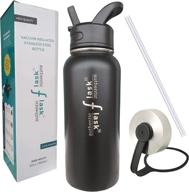 🍶 authentic flask 32oz double vacuum insulated water bottle: reusable hydro thermo, black with stainless steel and straw lids logo