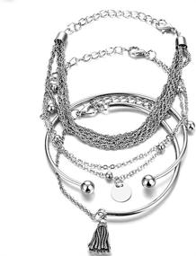 img 4 attached to Silver Glossy Tassel Bracelet Set - Chain Disc Four-Piece Bracelet for Girls and Ladies - Perfect Holiday Jewelry Gifts for Stacking or Wearing Solo