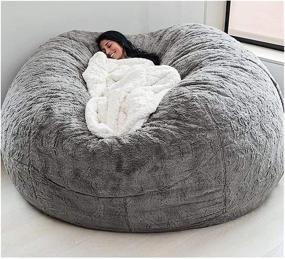 img 4 attached to 🪑 Premium EKWQ 7FT Big Round Soft Fluffy Faux Fur Bean Bag Chair Cover (Light Gray) - Living Room Furniture BeanBag Lazy Sofa Bed Cover, Giant 183cm Size