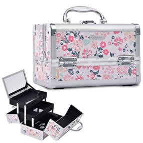 img 4 attached to 💄 Joligrace Makeup Box Cosmetic Train Case with Lock and Mirror - White Floral Design, 2-Tier Tray Portable Travel Storage Box for Girls