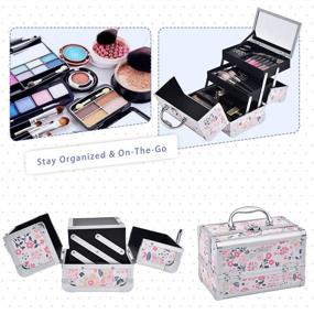 img 1 attached to 💄 Joligrace Makeup Box Cosmetic Train Case with Lock and Mirror - White Floral Design, 2-Tier Tray Portable Travel Storage Box for Girls