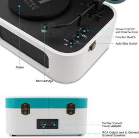 img 2 attached to 🎵 Портативный виниловый проигрыватель с Bluetooth и встроенной колонкой - двухскоростной вертушка для 7/10/12-дюймовых виниловых пластинок - оснащенный RCA разъемом - стильный дизайн в виде чемодана (белый)