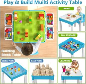img 2 attached to 🧱 Large Building Blocks Play Table Set - Kids 5-in-1 Multi Activity Table with 128 Pieces of Compatible Bricks, Includes 1 Chair and Storage, Green Baseplate Board/Blue Color