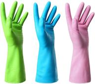 🧤 mulfei 3 pairs household cleaning gloves: reusable rubber dishwashing gloves - green, pink, and blue logo