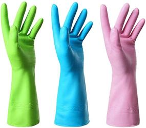 img 4 attached to 🧤 Mulfei 3 Pairs Household Cleaning Gloves: Reusable Rubber Dishwashing Gloves - Green, Pink, and Blue