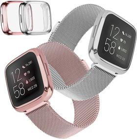 img 4 attached to 💎 Tobfit 2-Pack Metal Bands for Fitbit Versa 2 with 2x TPU Screen Protector Case - Full Coverage Stainless Steel Adjustable Magnetic Bracelet Wristbands (Rose Gold & Silver, Small)