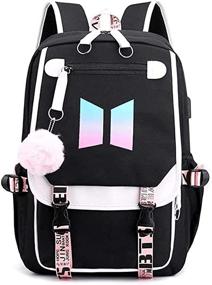 img 1 attached to 🎒 YangJY BTS School Backpack with USB and Audio Cable Interface Breakers - Perfect for Students, Laptop Backpacks, and Casual Use - Black, 15.6 inches, 11.8IN * 8.26IN * 17.3IN