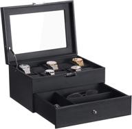 🕰️ bewishome ssh14c watch box organizer with valet drawer - premium carbon fiber design, real glass top, metal hinge - 10 slot case for men's watches & jewelry logo